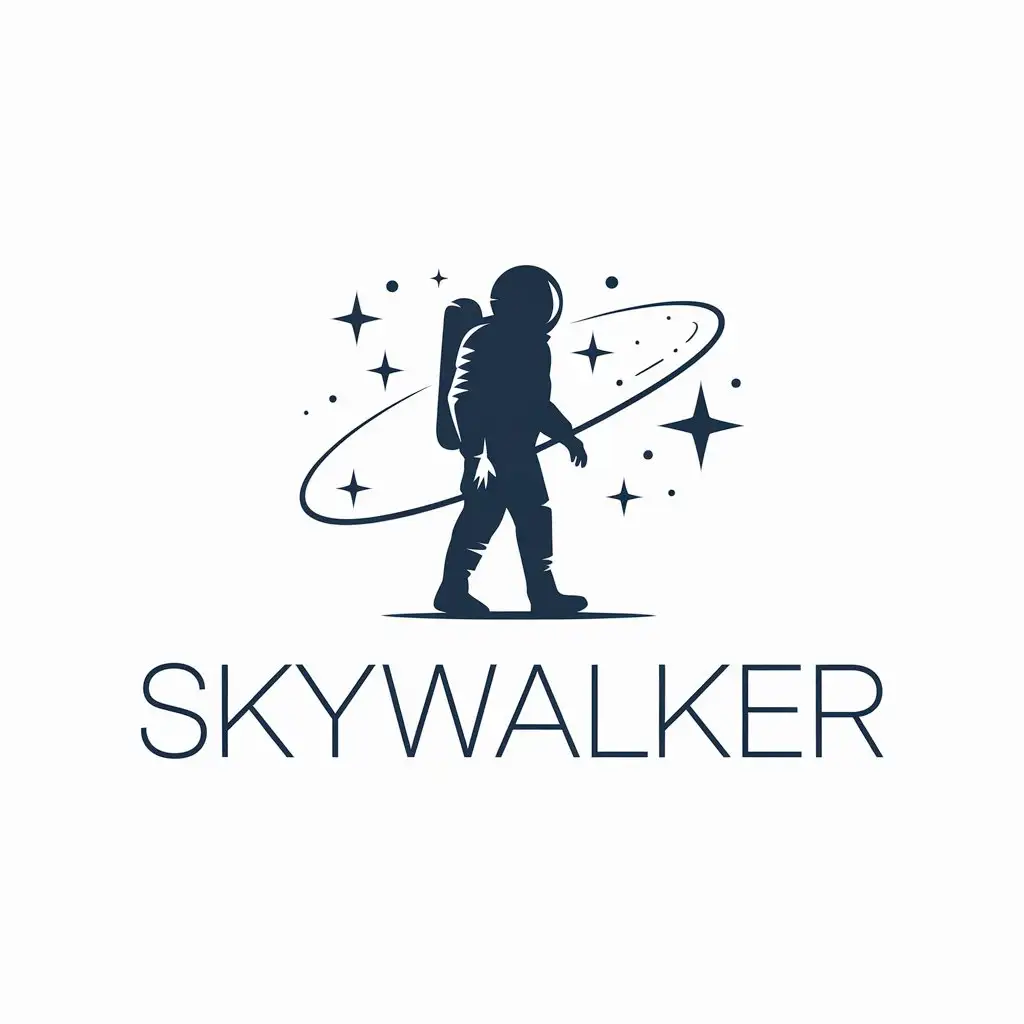 LOGO Design for Skywalker Minimalist Astronaut Silhouette with Space Blue Typography and Cosmos Theme