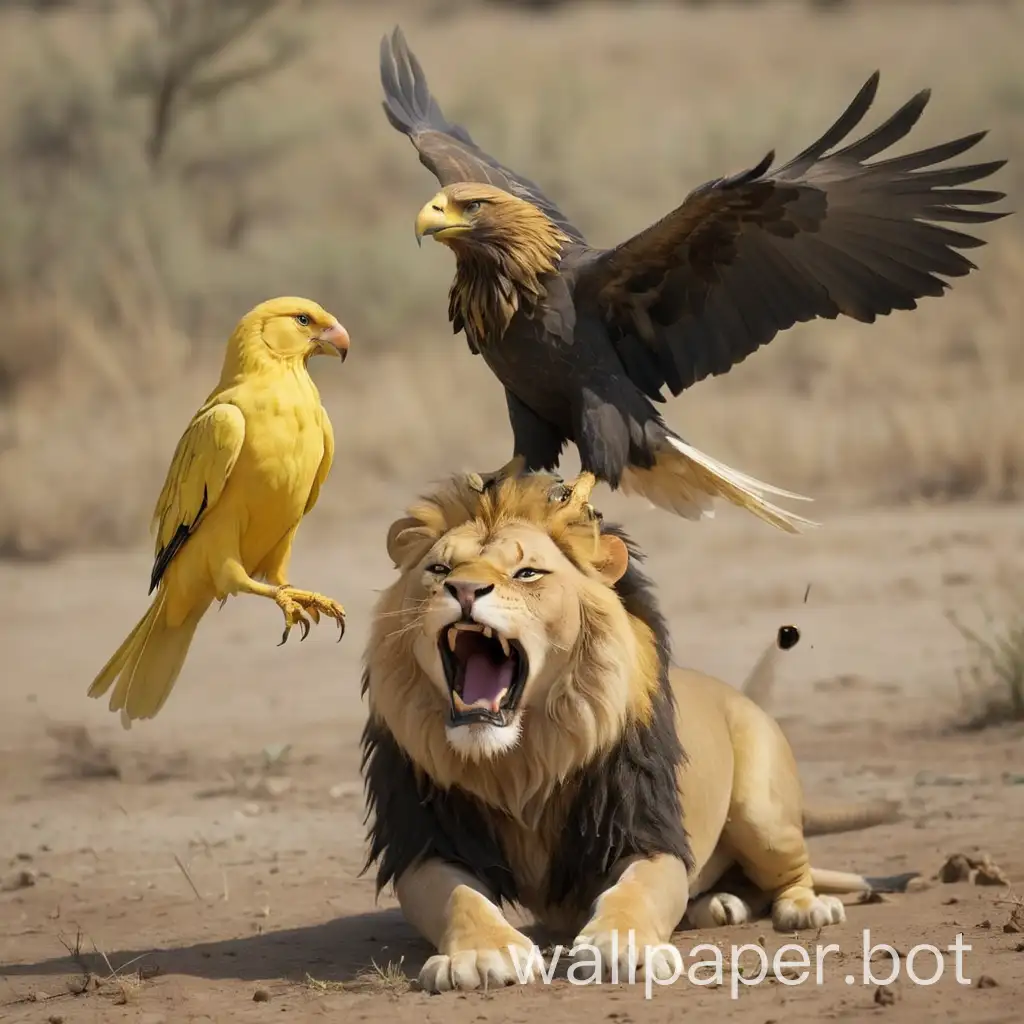 Yellow-Canary-and-Black-Eagle-Fighting-Lion