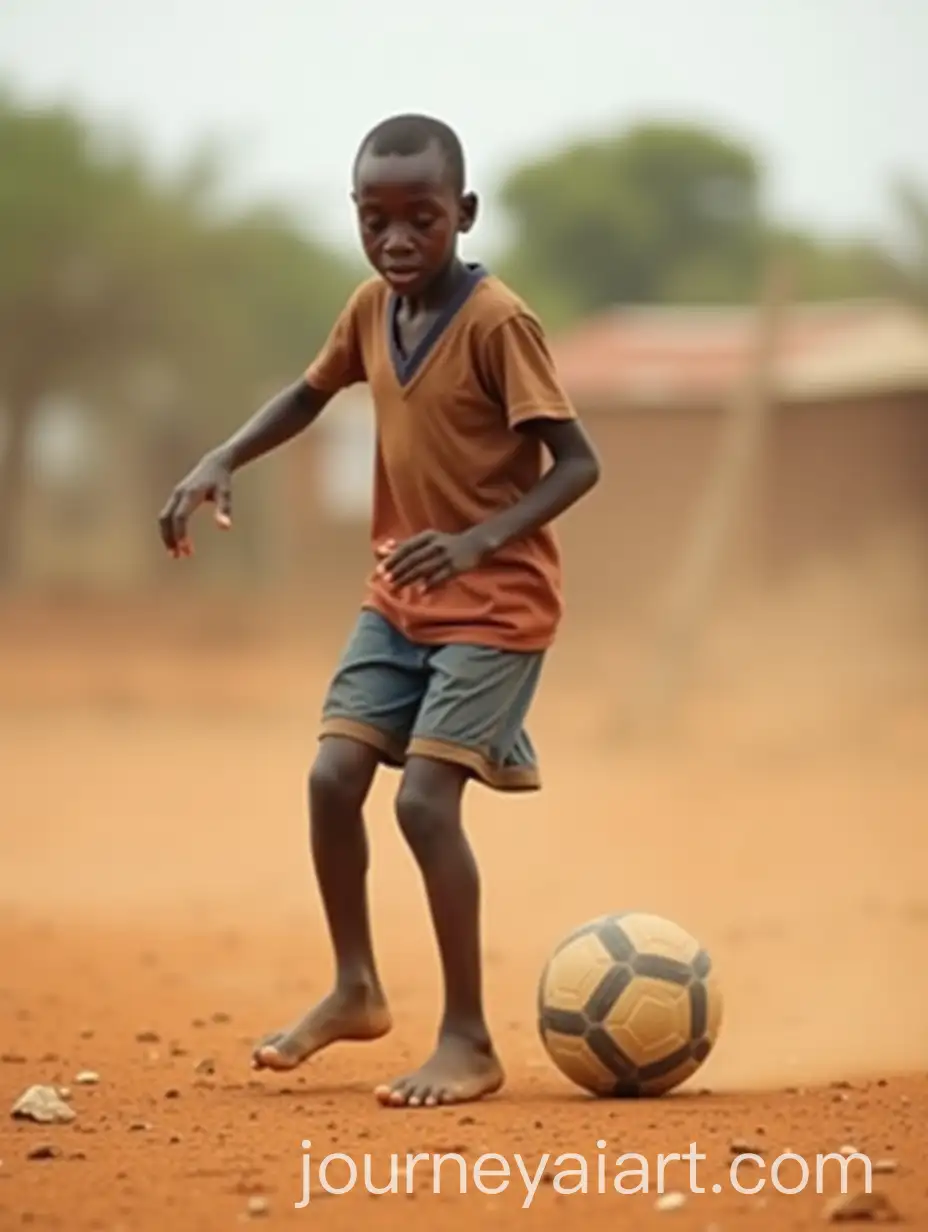 Young-African-Boy-Playing-Football-Barefoot-in-Dusty-Village-Field