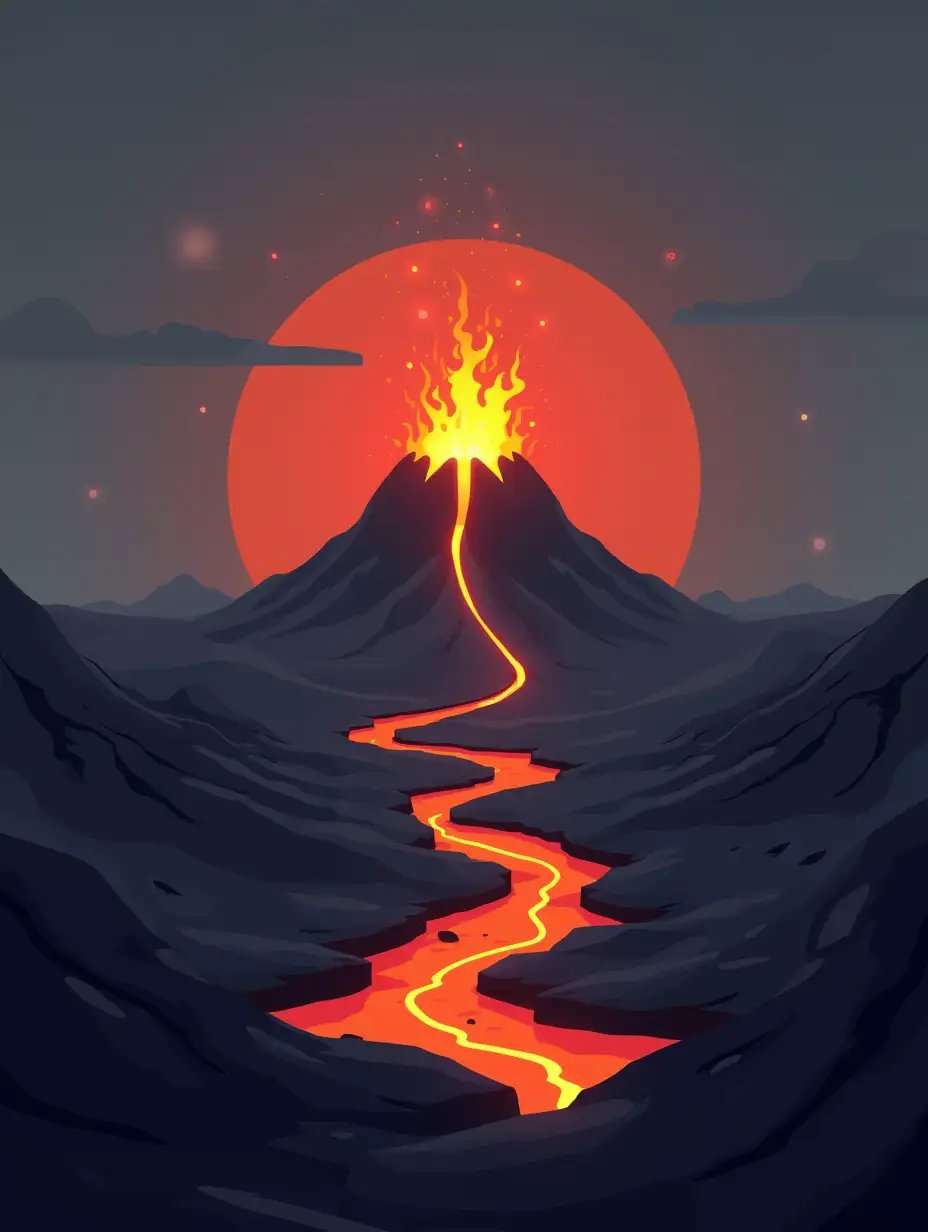 A flat design of a smoldering volcano surrounded by rugged terrain and minimalistic lava flows.