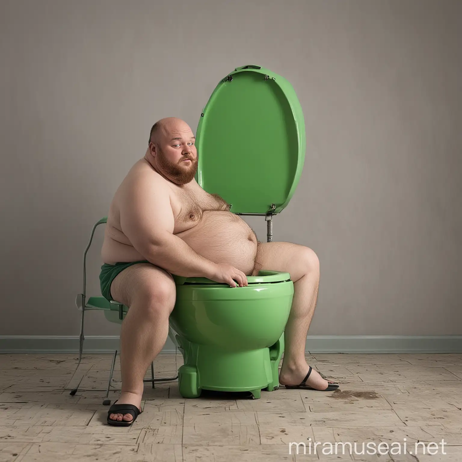 Large Green Toilet Sitting on Overweight Man