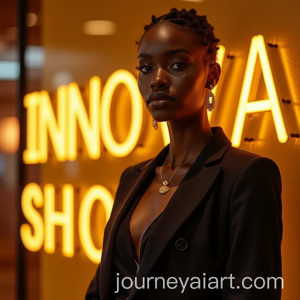 Elegant-Young-Black-Woman-in-Front-of-INNOVA-SHOP-ONLINE-Text