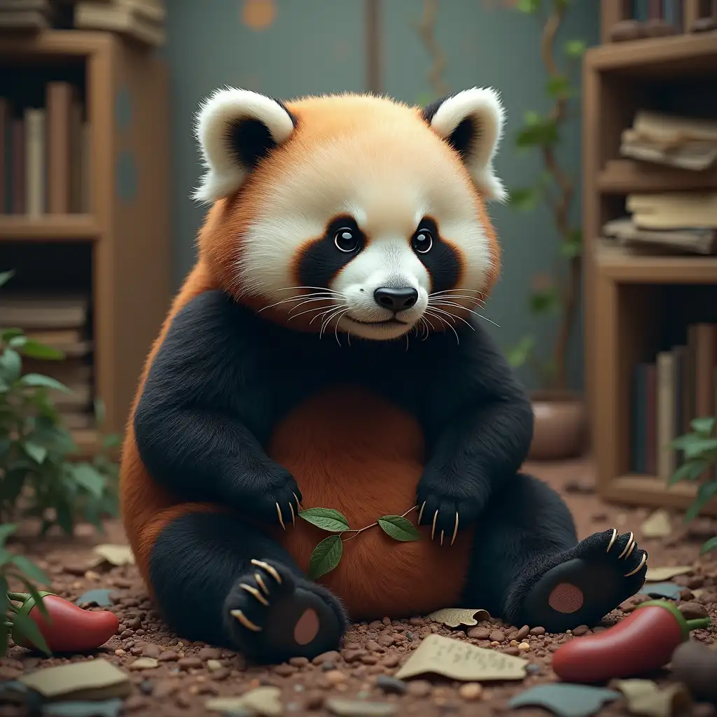 sick panda surrounded by clutter