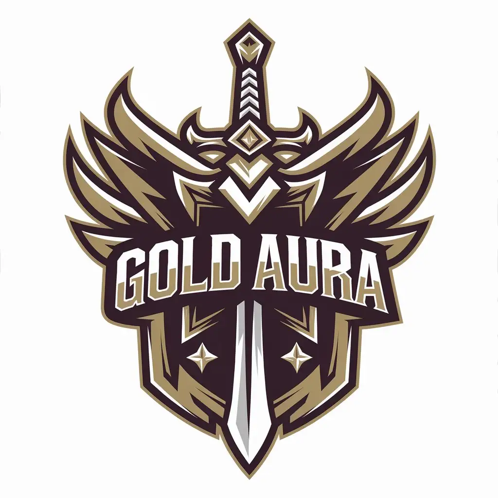 LOGO Design for Gold Aura Sword Shield with Complex Detailing on Clear Background