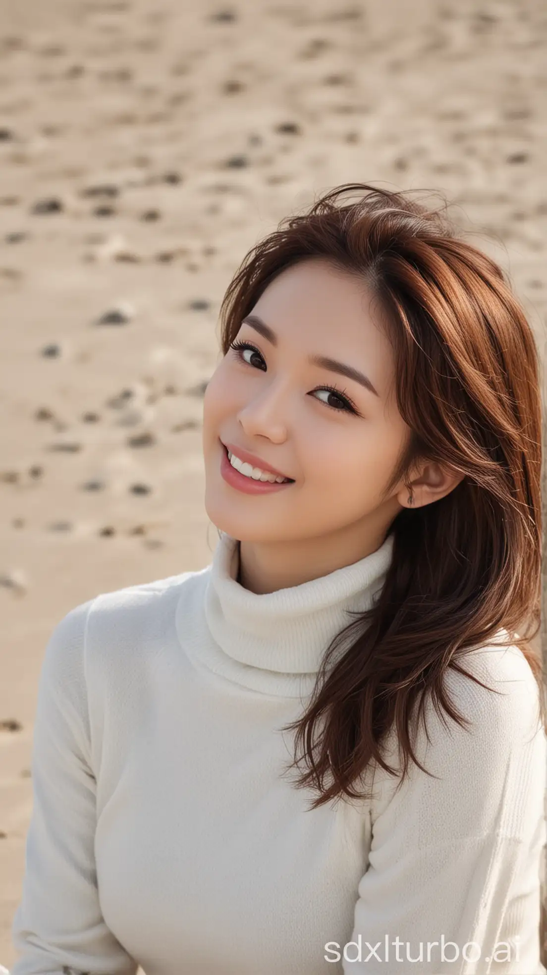 Chinese-Singer-in-Winter-Turtleneck-Sweater-Sitting-on-the-Beach-with-Seductive-Smile