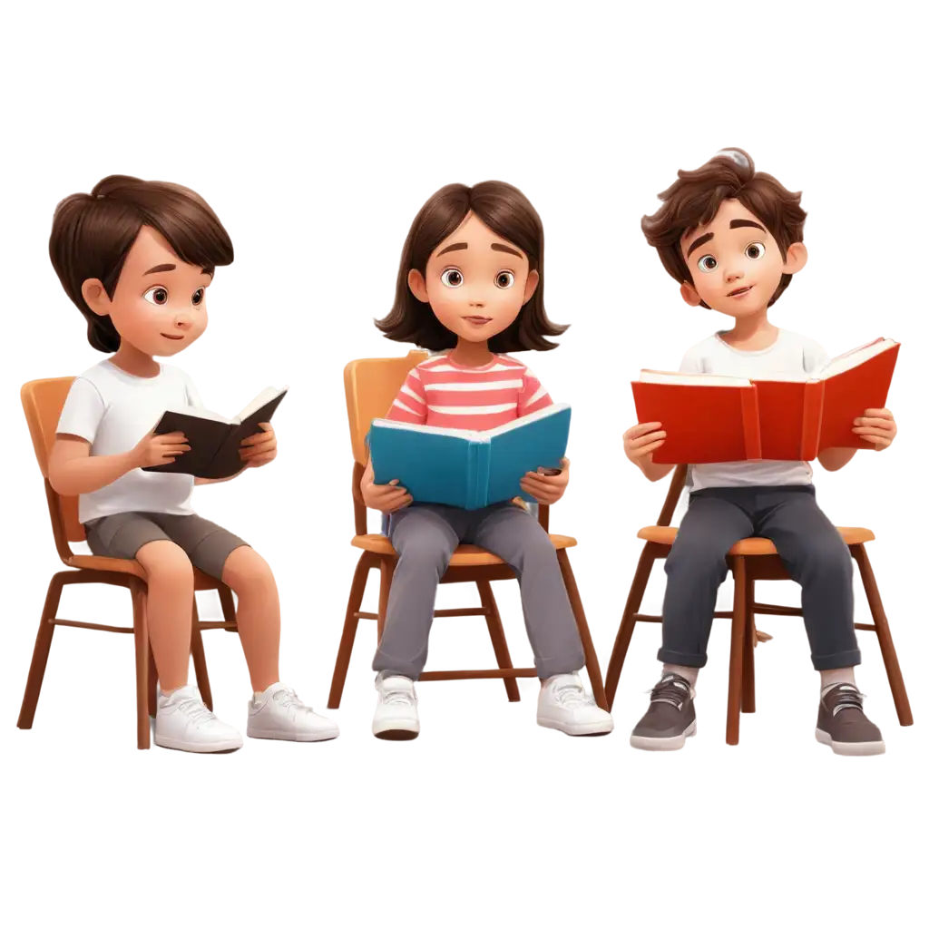 cartoon style, a group of cute kids' reading books sitting on the chair and looking at in the book