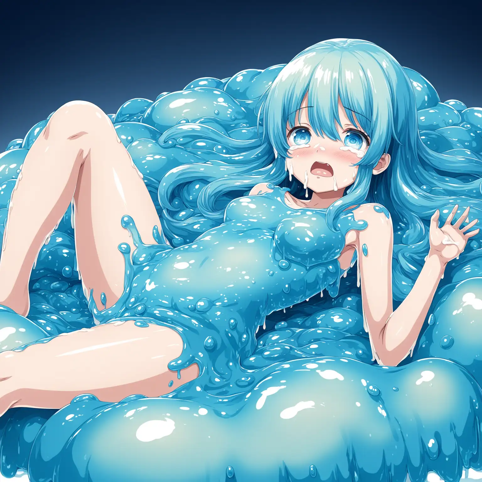 Abundant slime girl. Half-transparent blue body. Spreading her legs to lie down. Tears. Overflowing cream pie. Anime illustration.