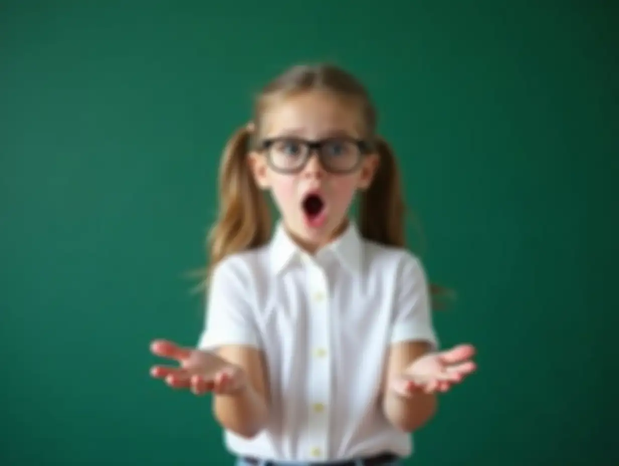 School-Girl-in-Uniform-and-Glasses-Expressing-Surprise-on-Green-Blackboard-Background