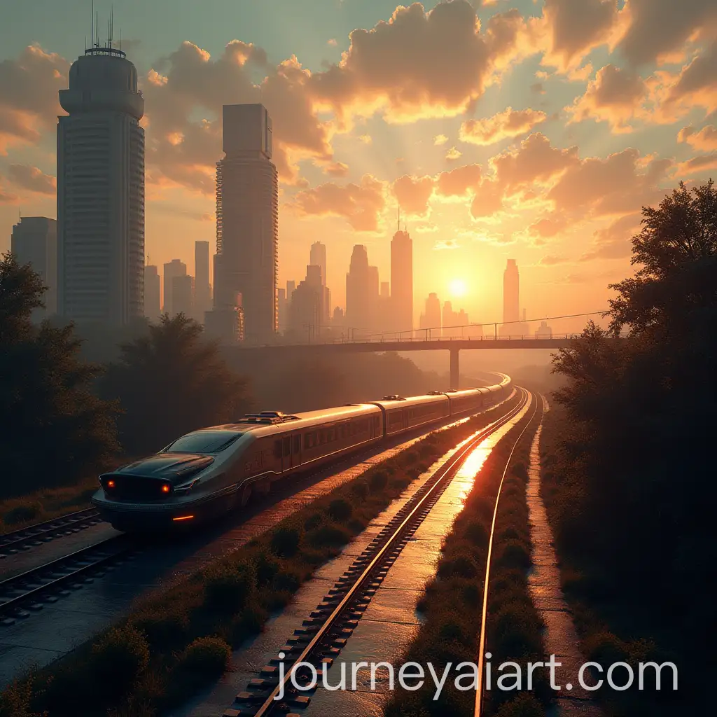 Futuristic-City-with-Flying-Cars-and-Floating-Trains-at-Sunset