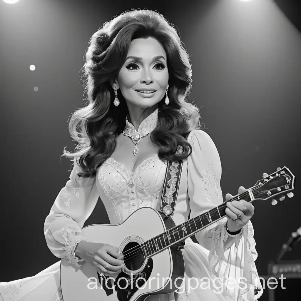 Loretta-Lynn-Coloring-Page-on-Stage-Black-and-White-Line-Art