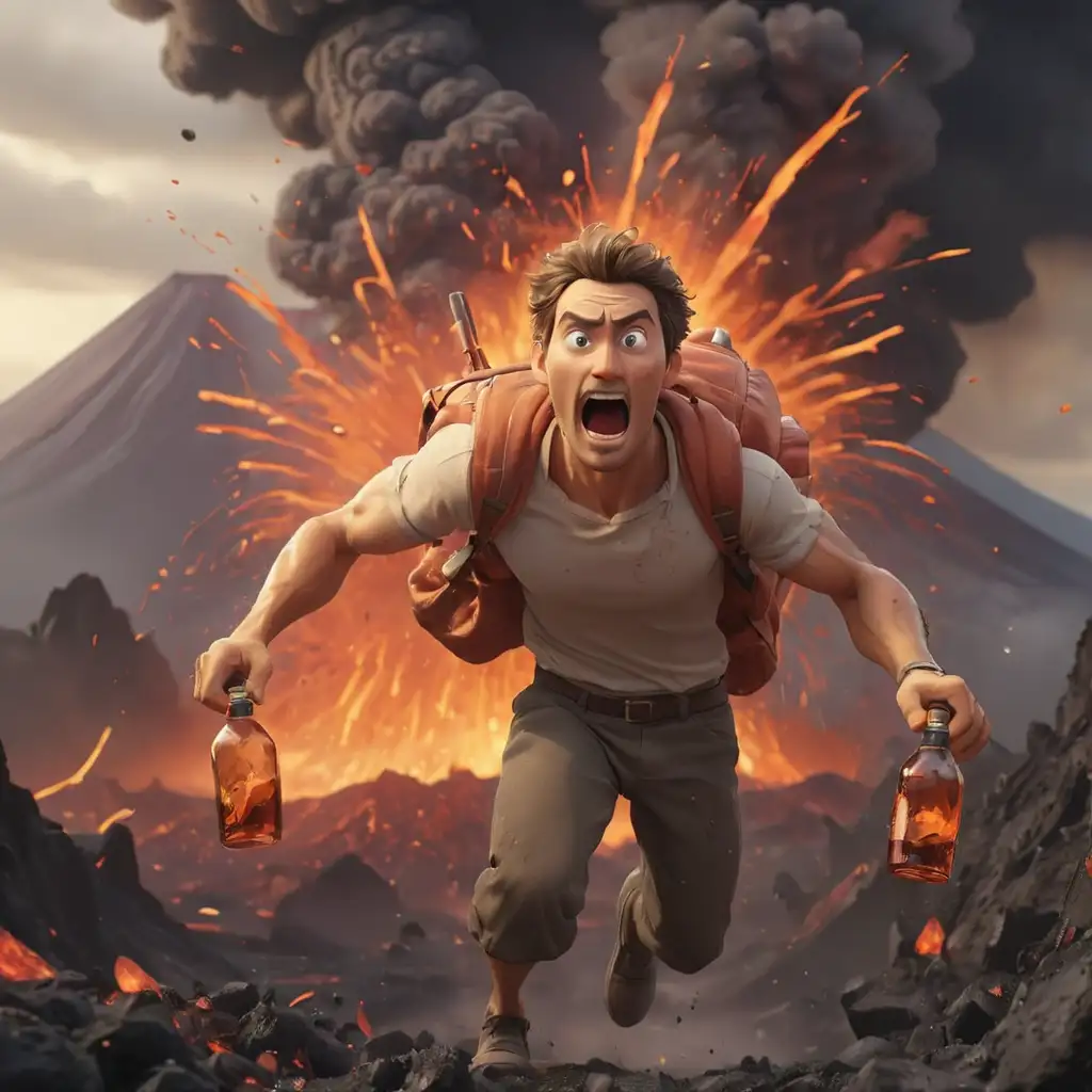 Panicked-Man-Fleeing-Erupting-Volcano-with-Bottles-in-Hand