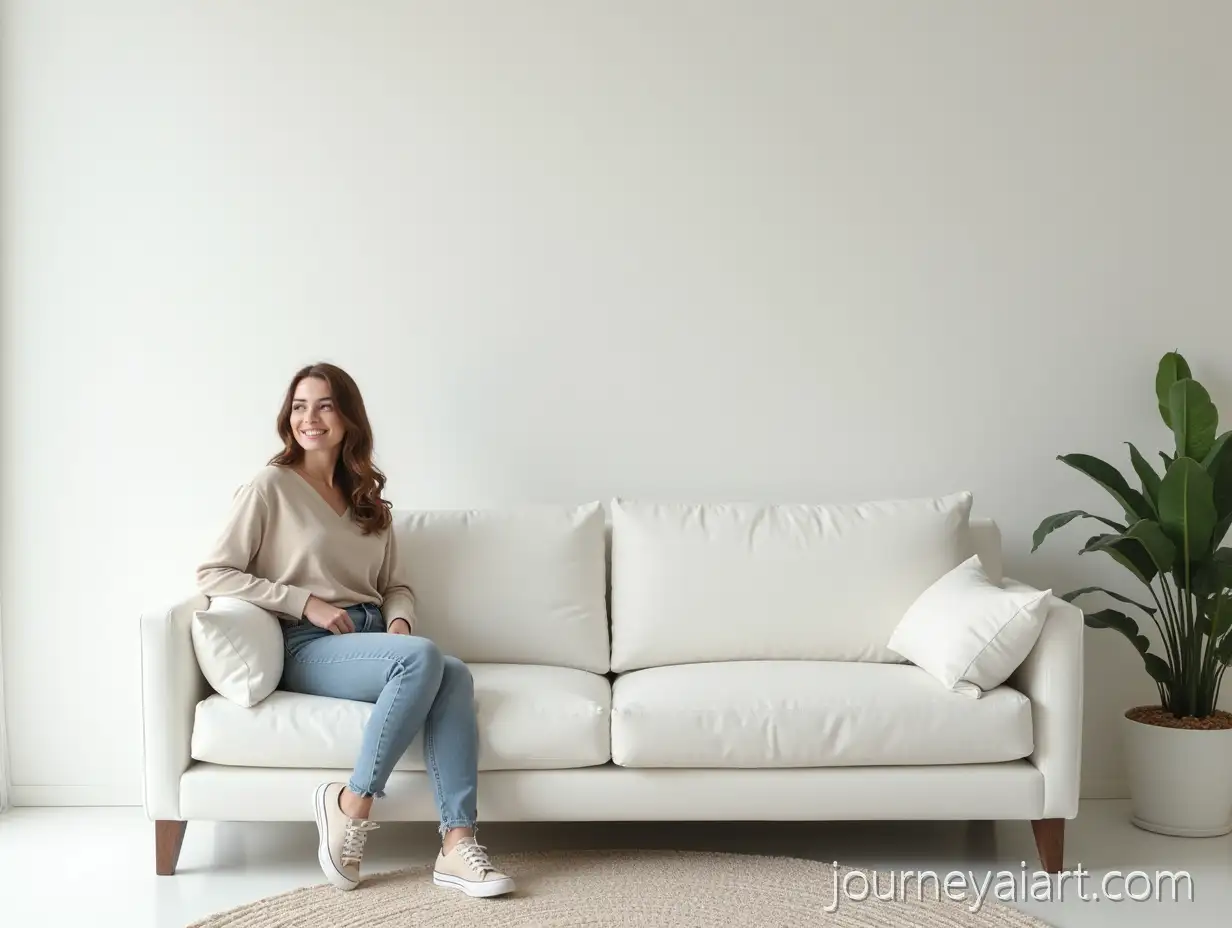 Beautiful-Woman-Sitting-on-a-White-Modern-Sofa-in-a-Stylish-Living-Room