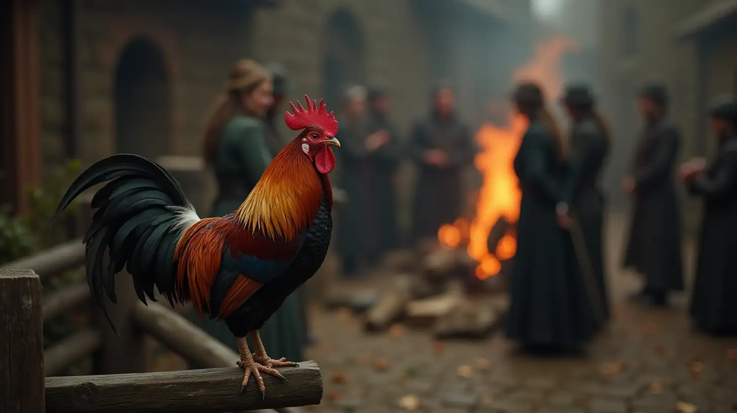 Rooster on a Wooden Fence with Gothic Era Figures by a Fire