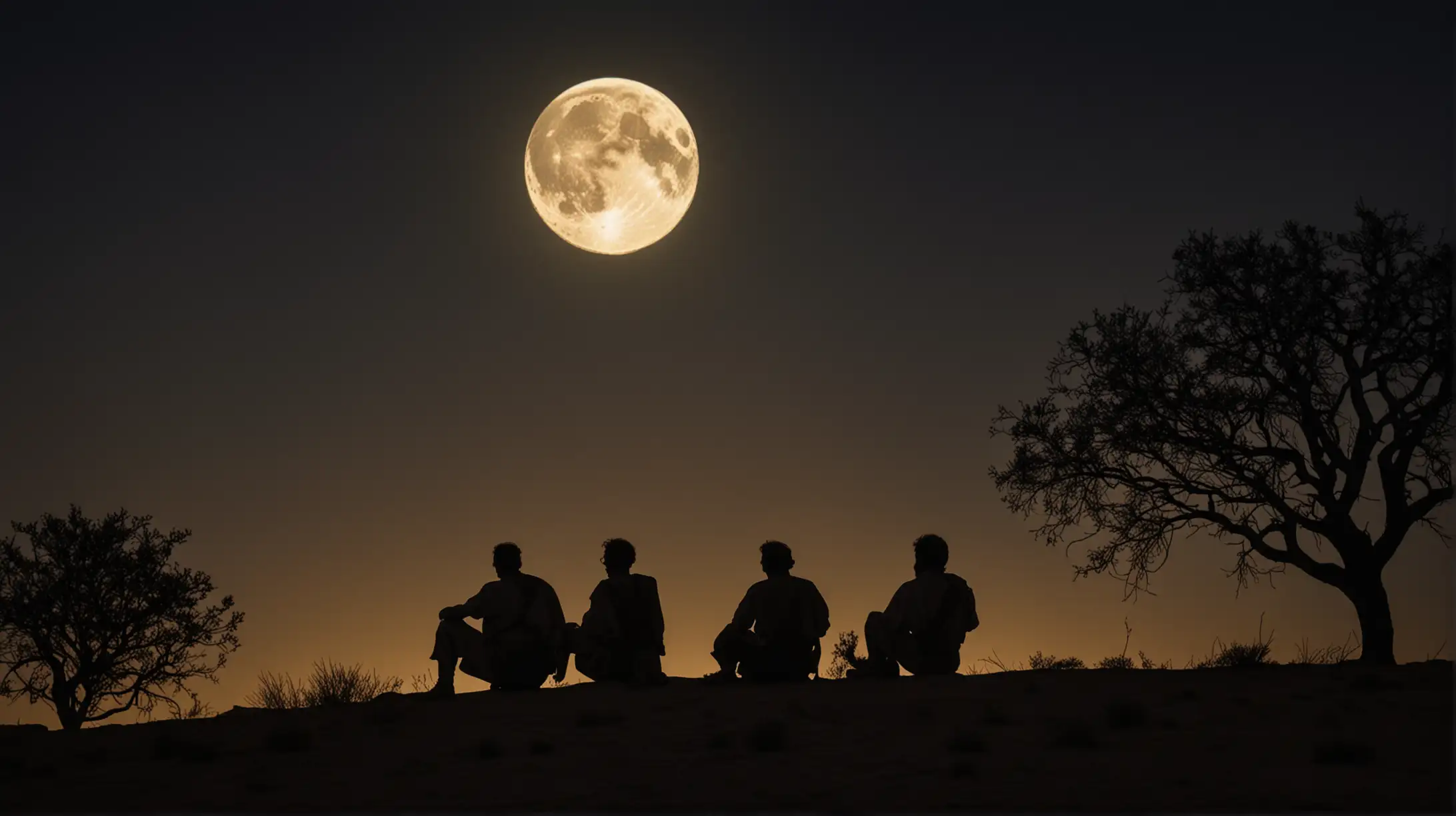 Four Men Silhouetted on Desert Hillside with Moon and Trees