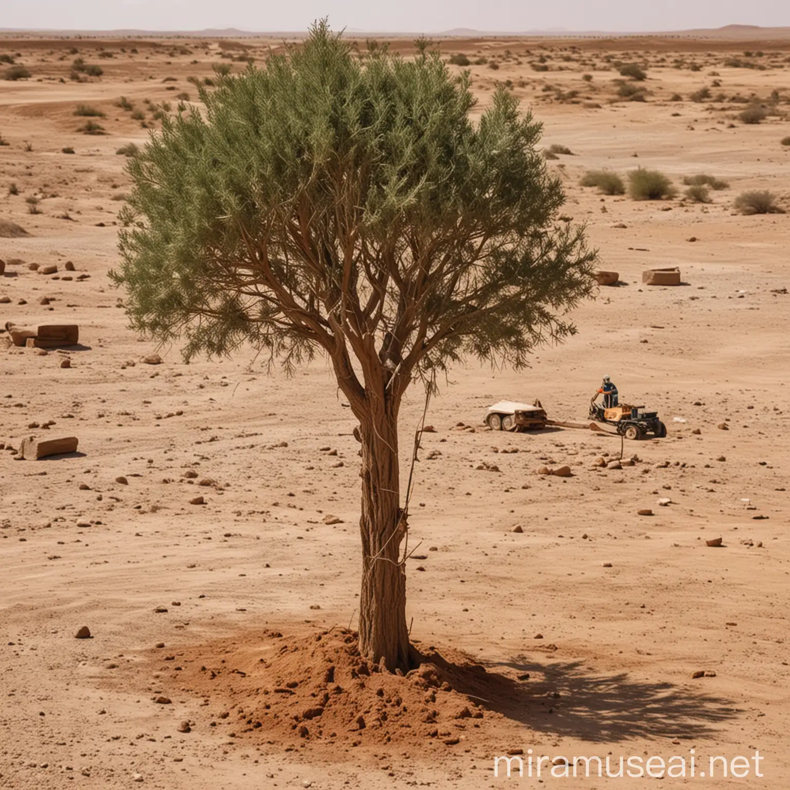 Person Cutting Down Tree in Desert Landscape