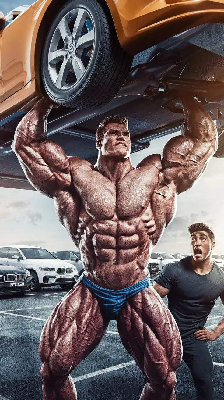 Supercharged brawn. Herculean powers. Musclegod bodybuilder mentor gains awesome superpowers as his protege watches reverently. Photorealistic.