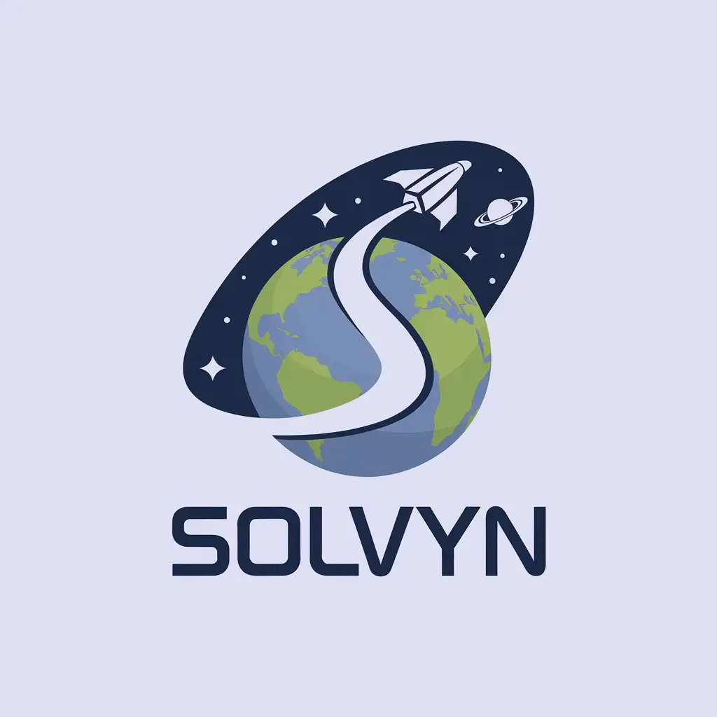 LOGO Design For Solvyn Earth Globe with Innovative Spacecraft and Stars on Dark Blue Background