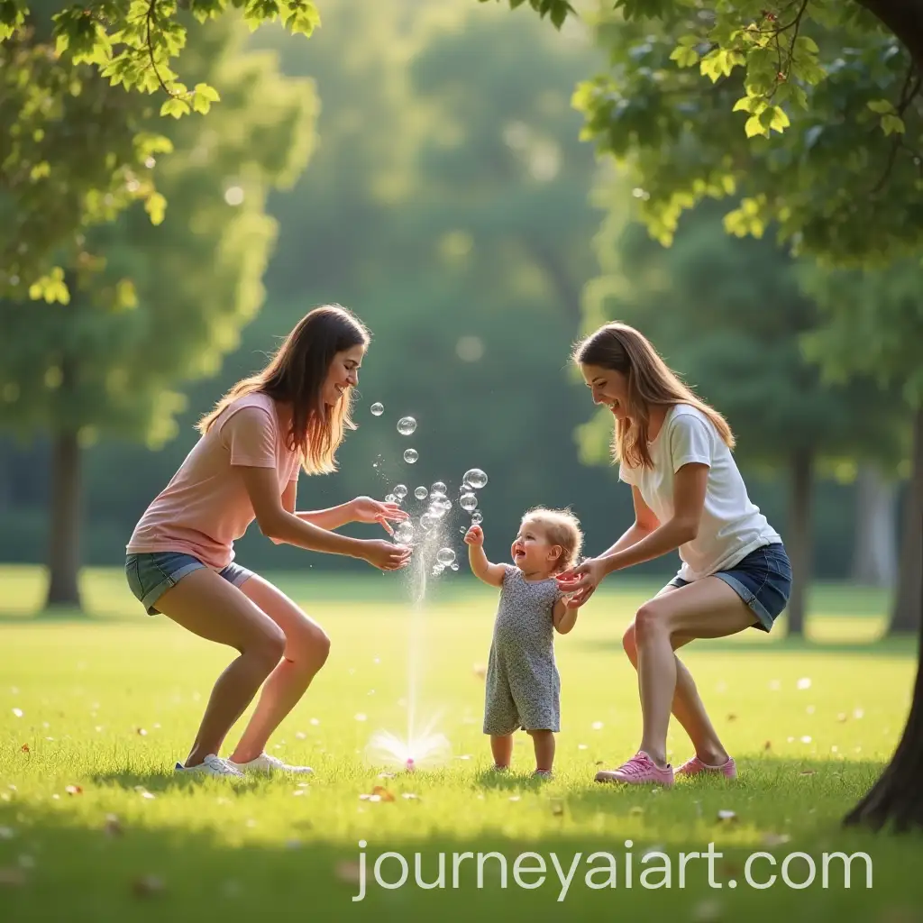 Two-Women-and-Niece-Playing-with-Soap-Bubbles-in-a-Green-Park
