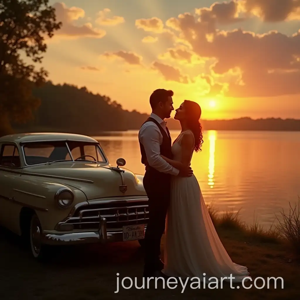 Vintage-Love-Couple-Posing-by-a-Classic-Car-at-Sunset-Near-a-Lake