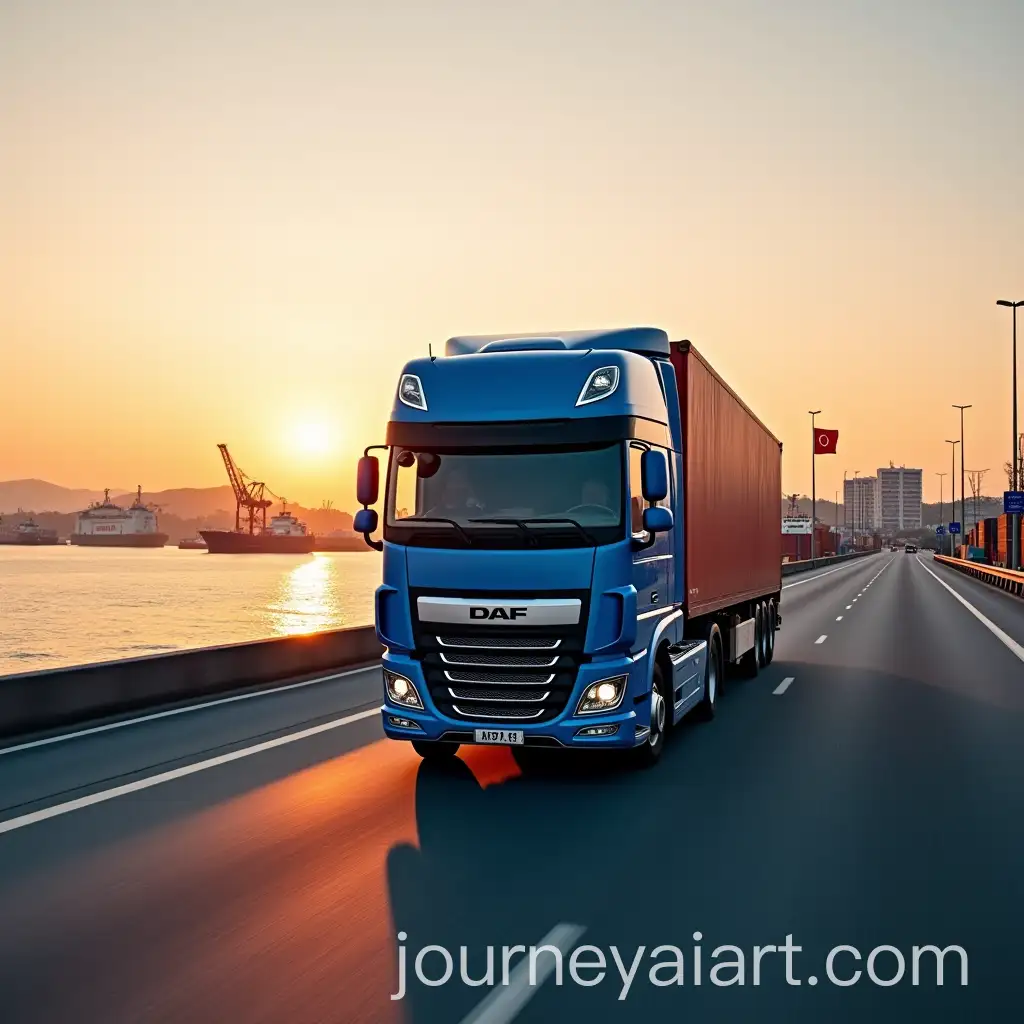 Blue-DAF-Truck-Driving-in-Turkey-with-Sea-and-Ship-Port-Background