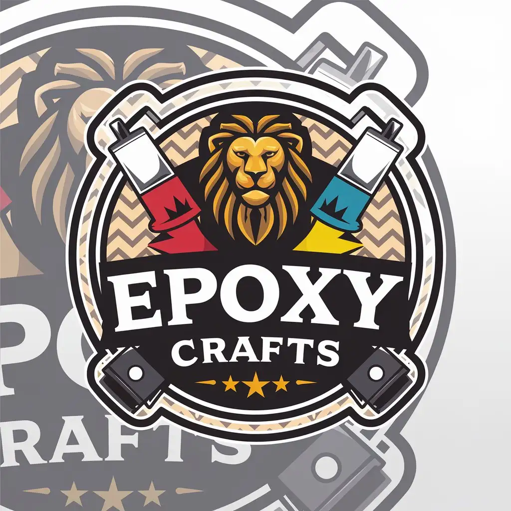 a vector logo design,with the text "Epoxy Crafts", main symbol:Lion, paints, pattern,Moderate,clear background