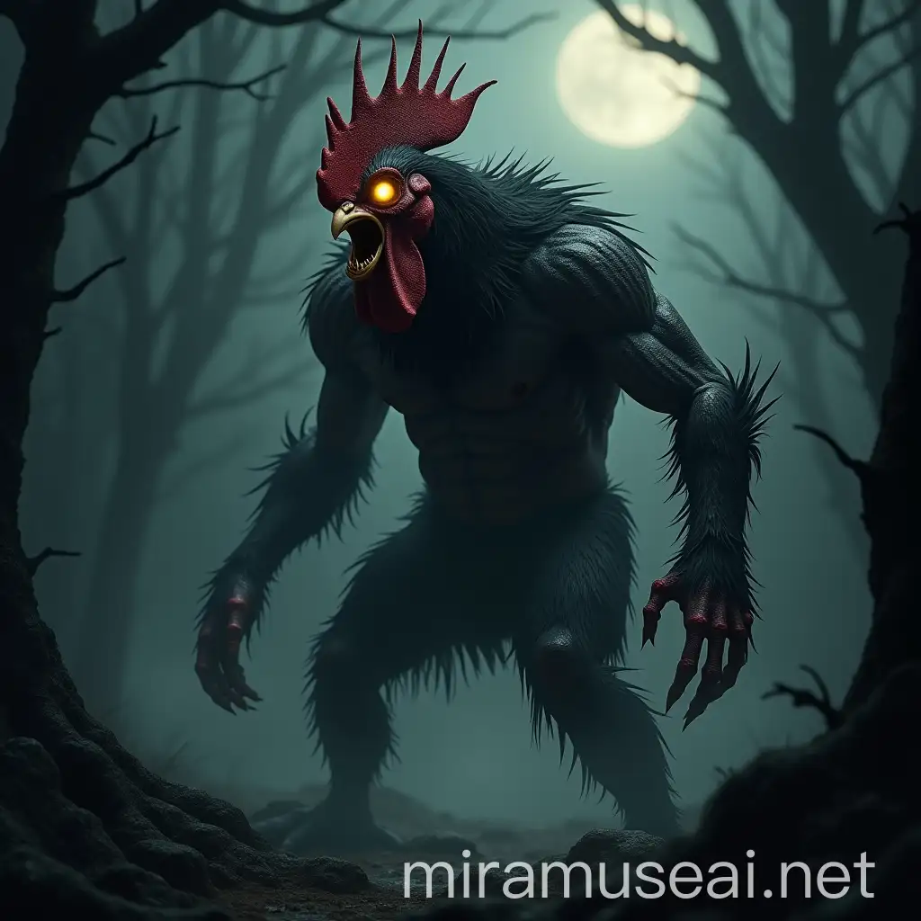 Eerie RoosterMan Creature in Dark Forest