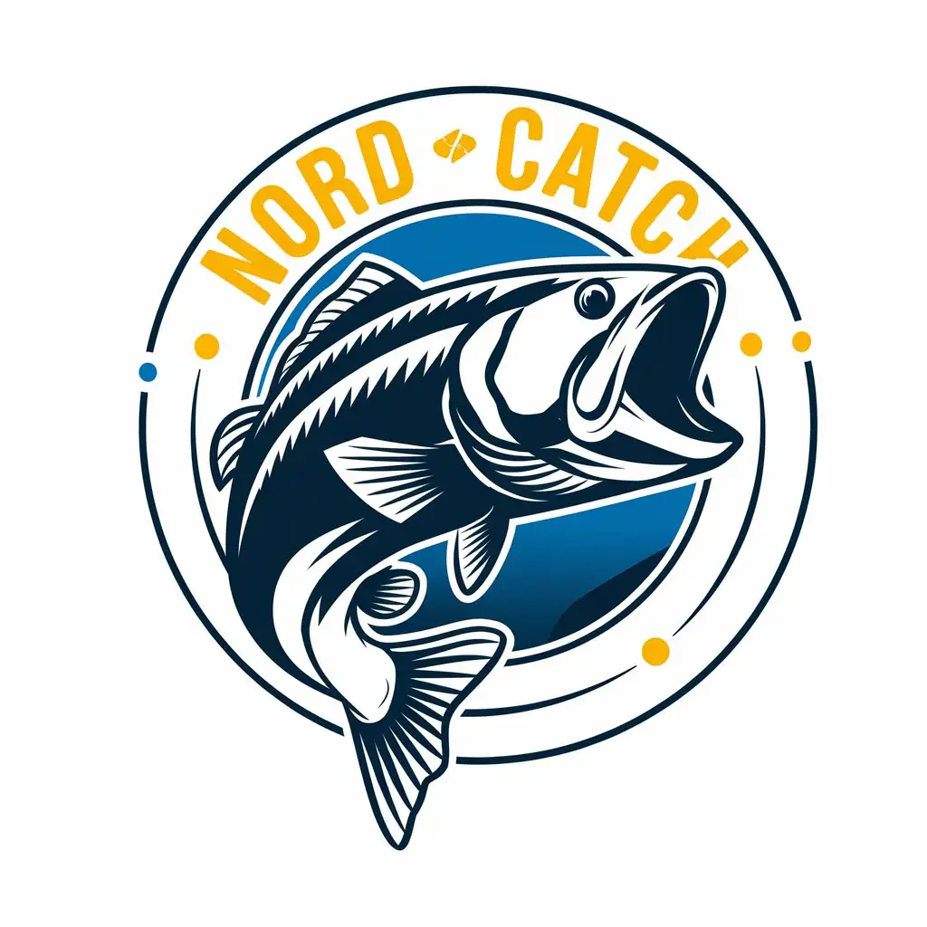 LOGO Design for Nord Catch Elegant Fish Symbol on Blue Background with Vibrant Yellow Text