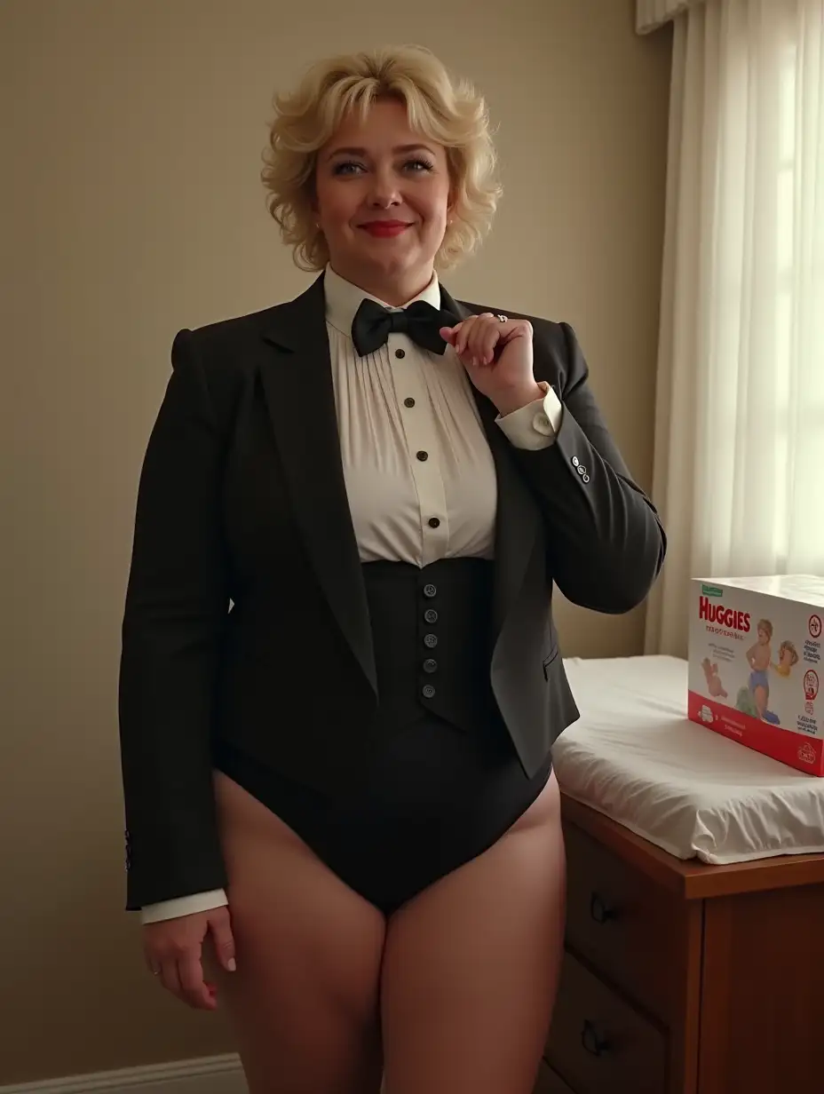 Plump-Caucasian-Woman-in-Formal-Tuxedo-Standing-by-Nursery-Changing-Table