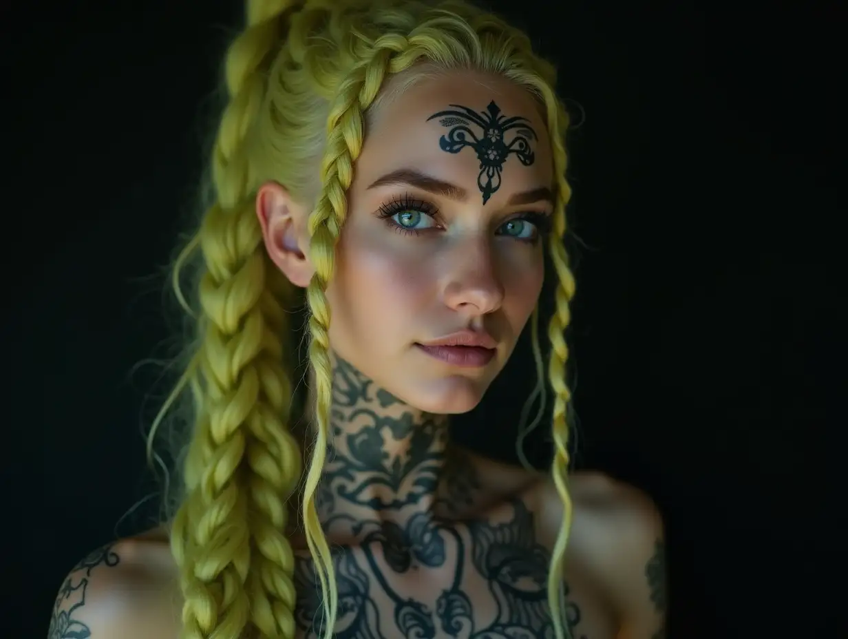 Depiction of a beautiful white woman with tattoo and long mixed yellow-green braided hair in a futuristic style Blurry black background (120mm) shot poster face