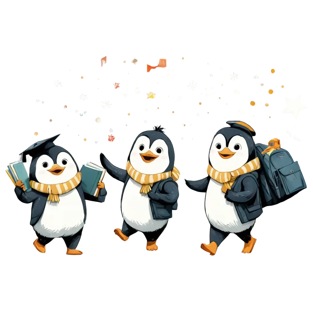 Cute-Smiling-Penguins-Going-to-College-PNG-2D-Sketch-Illustration-with-Books-and-Laptop