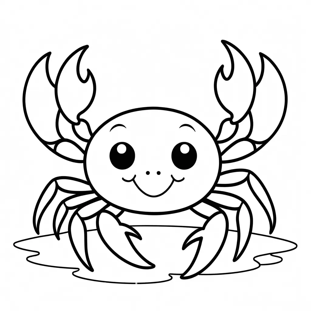 happy cute crab smiling coloring page for toddlers, Coloring Page, black and white, line art, white background, Simplicity, Ample White Space. The background of the coloring page is plain white to make it easy for young children to color within the lines. The outlines of all the subjects are easy to distinguish, making it simple for kids to color without too much difficulty