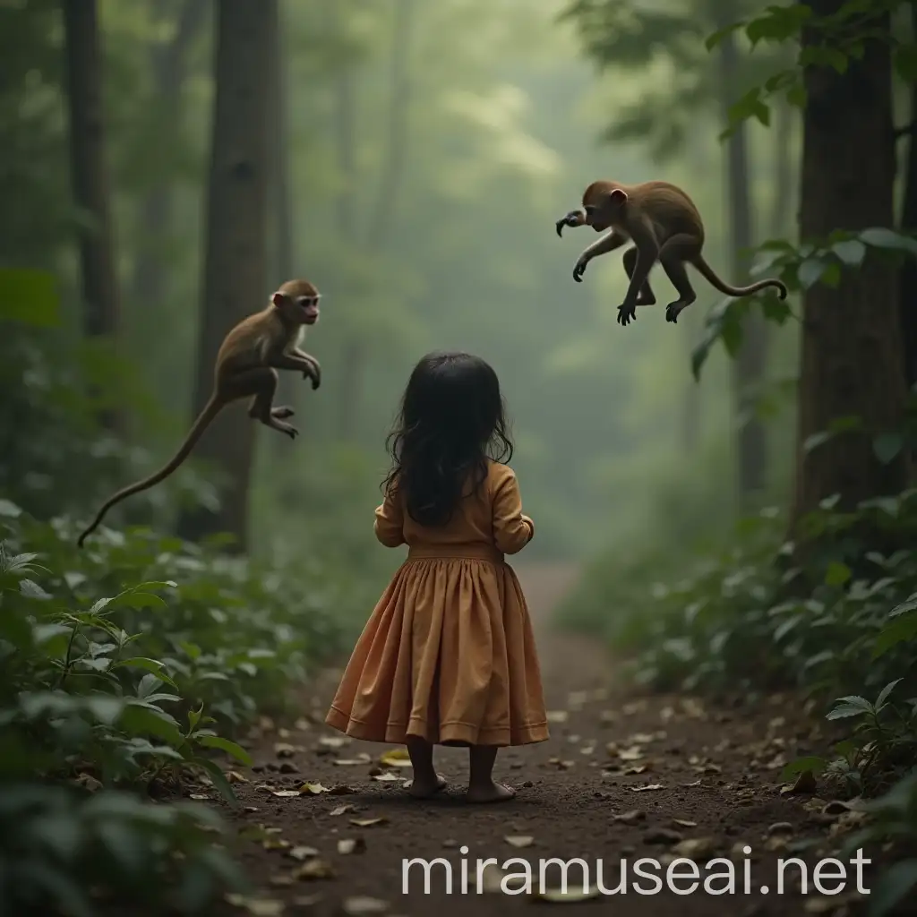 Young Indian Girl Crying in Forest with Monkeys