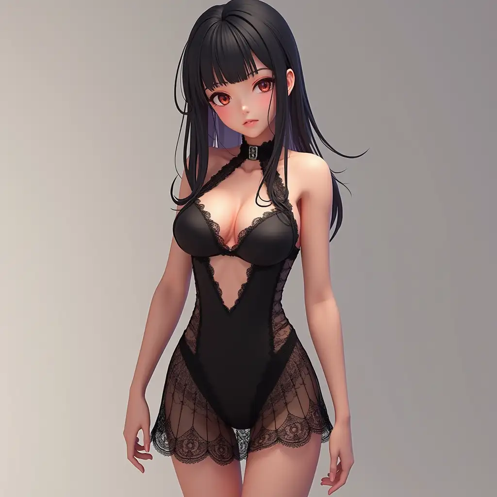 (3D hyperrealistic anime waifu:3.0), (Ultra-realistic anime face with lifelike skin details:3.0), (extremely detailed anime-style facial structure with realistic subsurface scattering:1.9), huge large breasts, tiny waist, large hips, muscular tonified legs and muscular calves, (perfect balance between anime proportions and photorealism:1.8), (ray-traced anime skin shading with hyper-detailed texturing:2.0), (ultra-smooth but lifelike skin:2.0), (high-poly render quality:3.0), (realistic soft lighting with subsurface glow:1.8), (HDR highlights and physically accurate reflections:1.9). (body type:1.8), (pose:8.0), wearing a translucent black, sparkly,  (detailed clothing:1.2)  halter mini dress with a translucent lace cut-out design, deep cleavage, (accessories:1.1)  (facial features:1.0), (expression:1.0)  (detailed skin texture:2.0) ,  facing the camera,  photorealistic style,  fashion standing with slightly open legs image,  (detailed dress:1.3)  medium lighting,  bright, contemporary style.