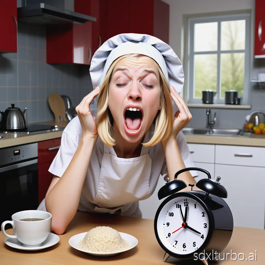 Generate an image where depicted: I - a fair-haired woman in a nightcap yawning. 8:00 on the alarm clock. Porridge is boiling. The kettle is boiling. A robot vacuum cleaner has been turned on. Dirty dishes in the dishwasher. A Bavarian hound is jumping with a leash in its teeth, asking to walk at 8:00 on the alarm clock. It is necessary to show a hundred chores, mess and fuss at this time