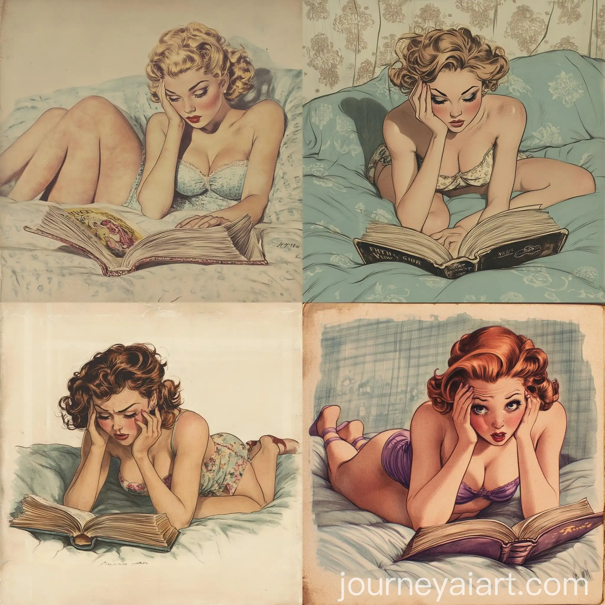 Vintage-Colored-Sketch-of-Retro-Pinup-Girl-Reading-Fourth-Wing-on-Bed