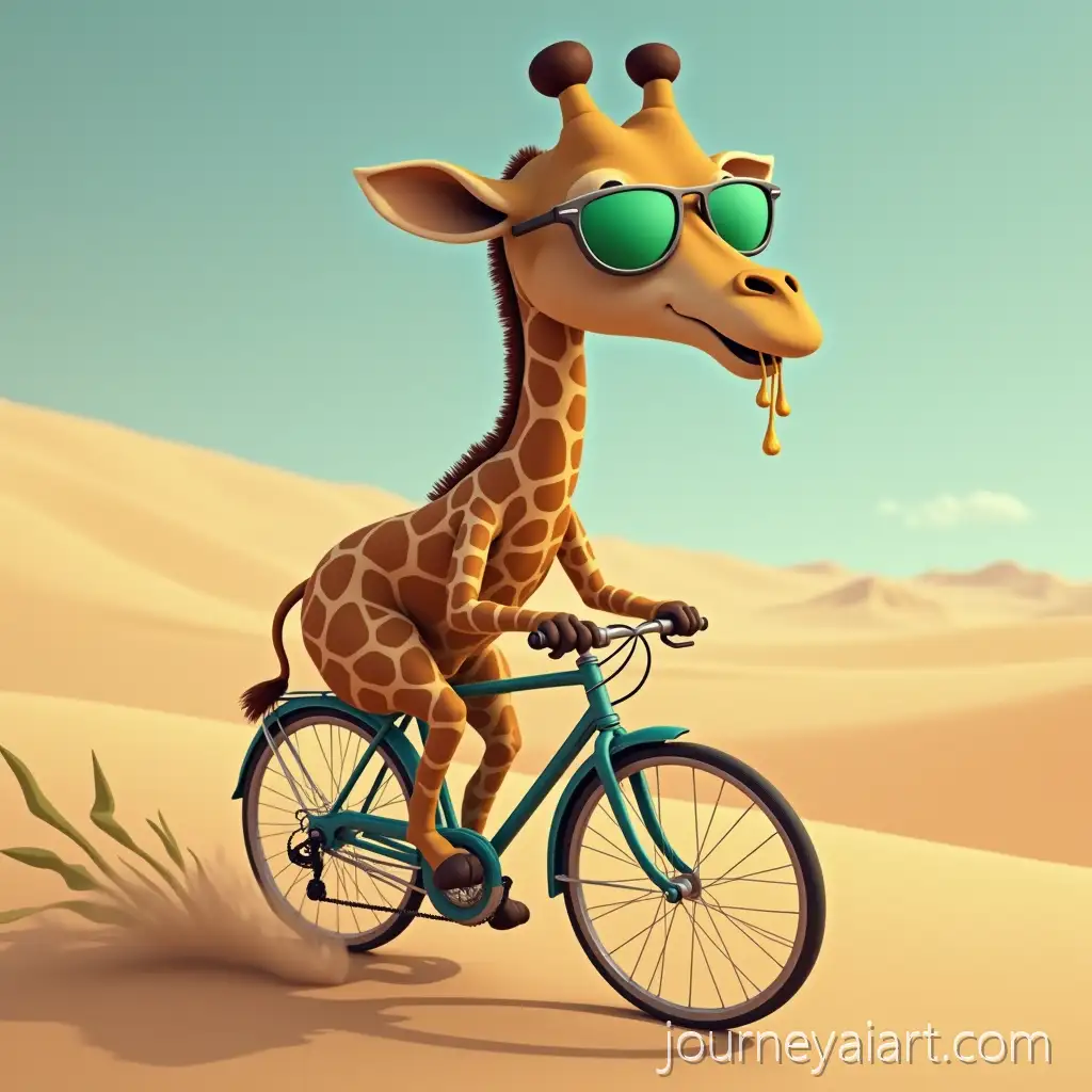 Giraffe-biking-in-desertGiraffe-Riding-a-Bike-in-the-Desert-with-Green-Sunglasses-and-Cardboard-Escaping-a-Hydrogen-Bomb