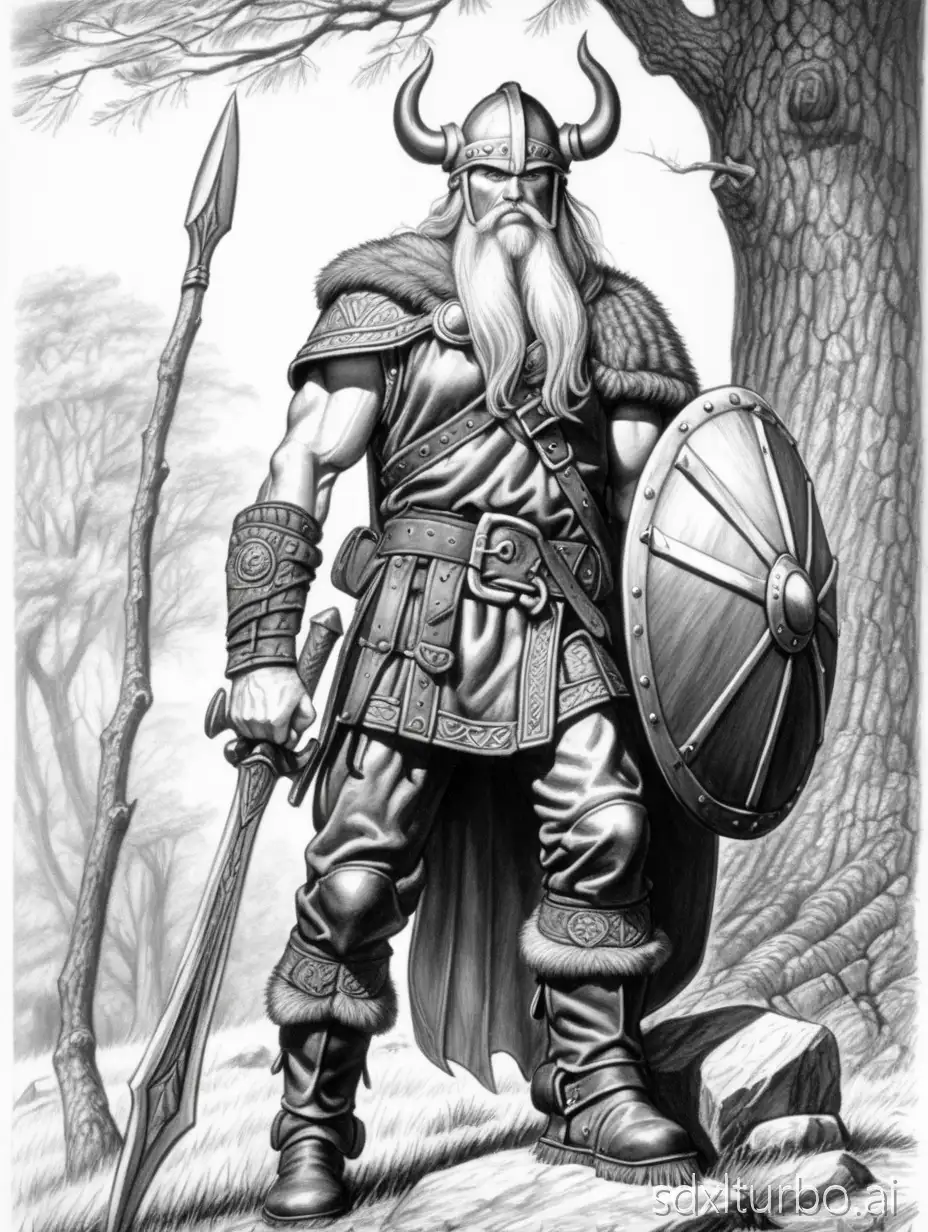 black and white sketch larry elmore style of a viking