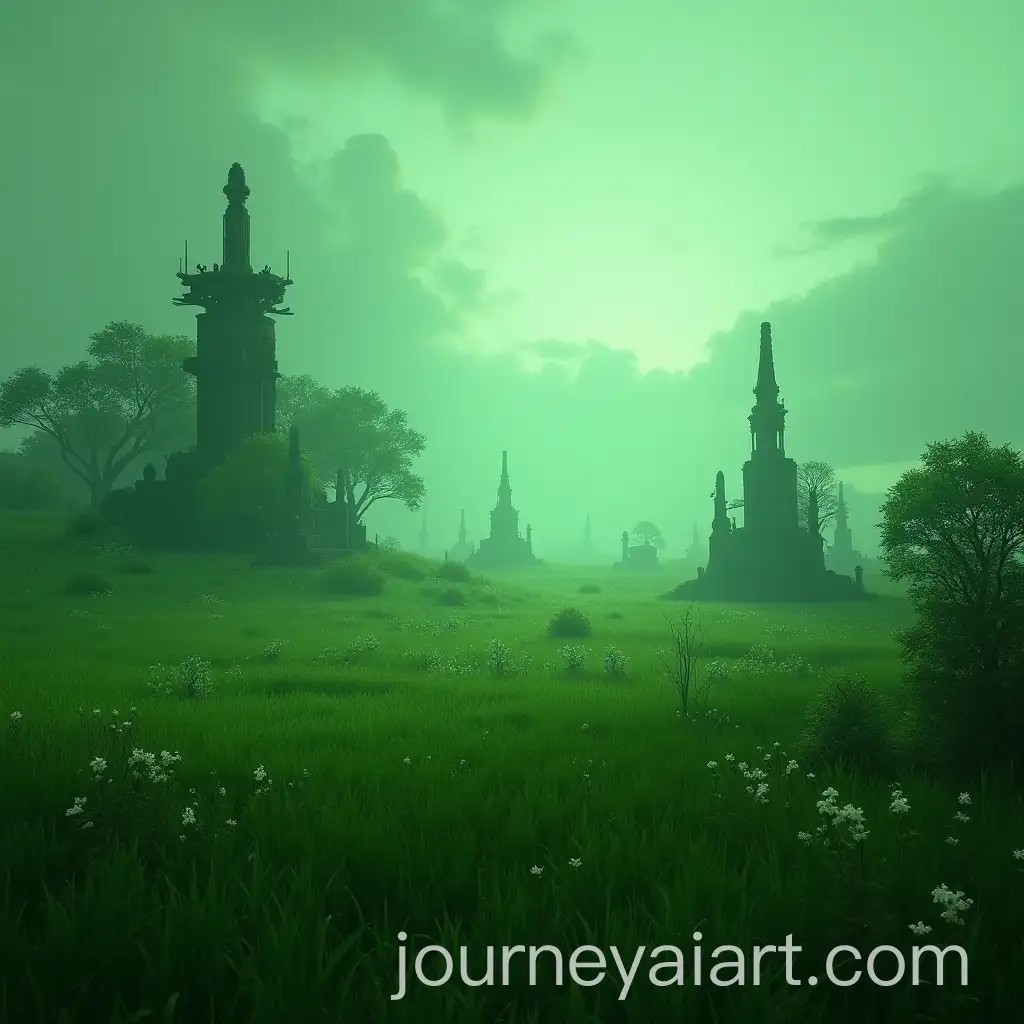 Surreal-Green-Meadow-with-Glowing-Grass-and-Ancient-Ruins-in-PostApocalyptic-Landscape