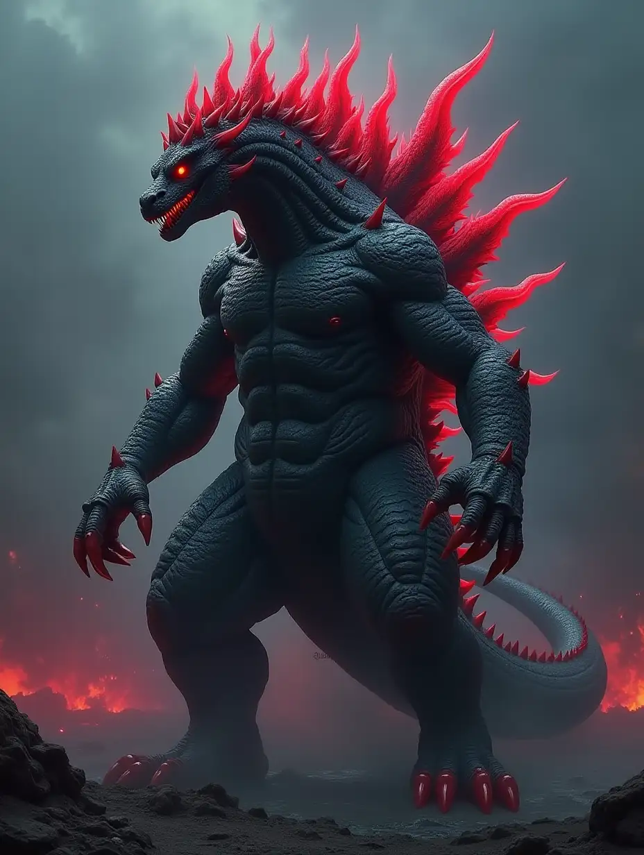 A kaiju, God of Chaos, Draconic body appearance,Dark grey/Black skin/scales,Neon red glowing Godzilla type dorsal spikes features but only dorsal spikes not the entire body,God like art,make the kaiju bulky