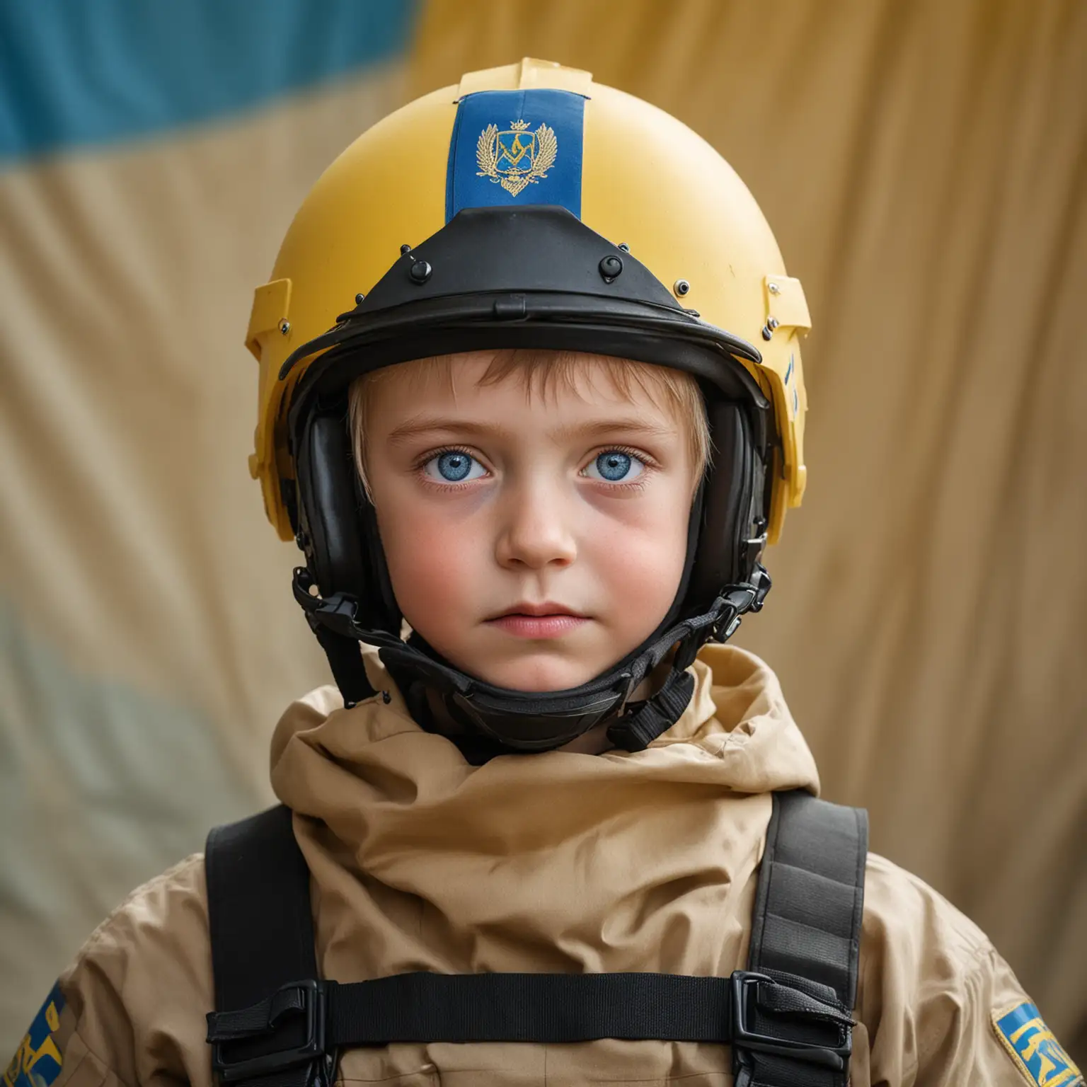 Young-Boy-in-Ukrainian-Armed-Forces-Protective-Gear-Against-YellowBlue-Flag-Background