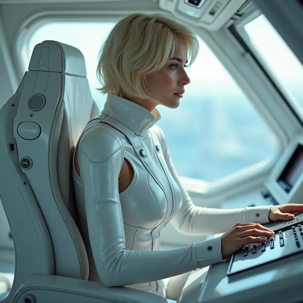 (RAW photo), extremely detailed, beautiful young woman, ((cool beauty)), white futuristic outfit, short blond hair, sit on char in spaceship at control panel (Photorealistic :1.1), masterpiece, The best of qualities