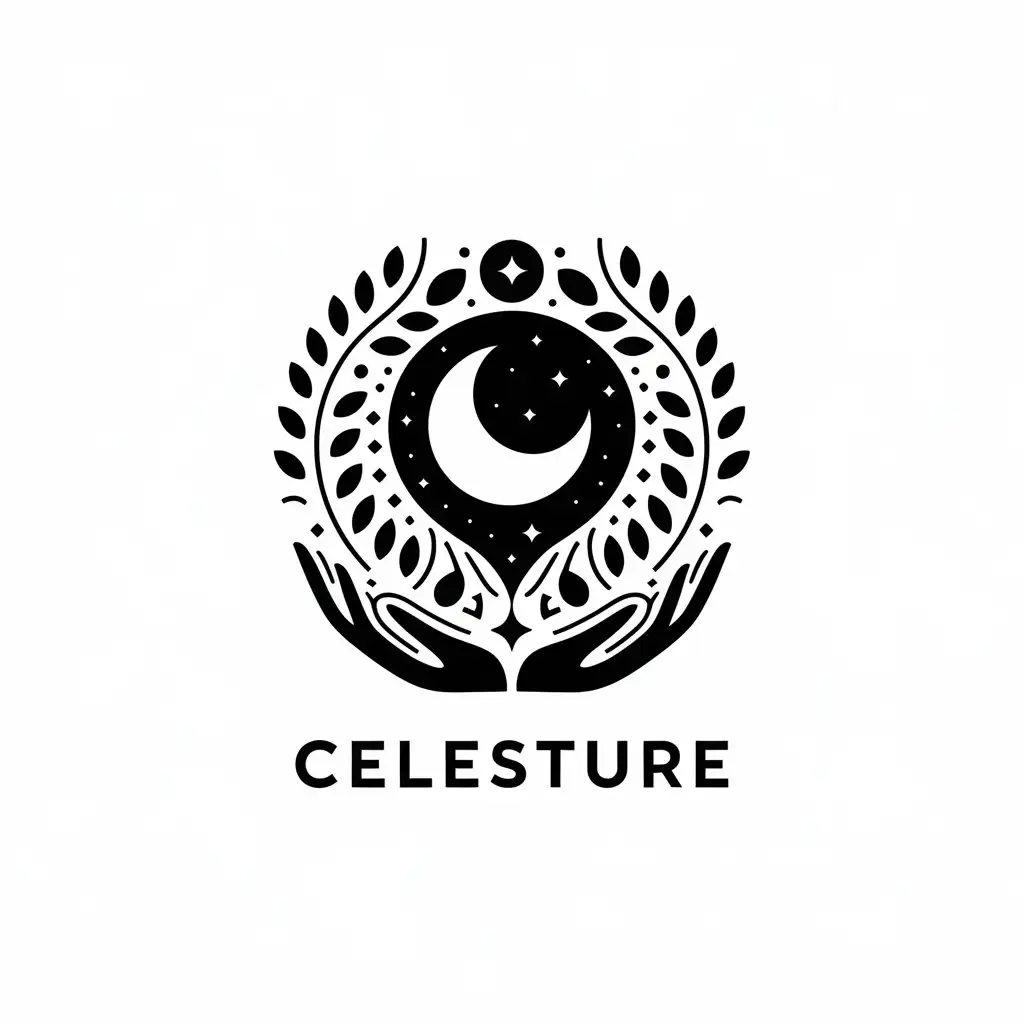 LOGO Design for Celesture Moon Leaves and Hands Symbolism with a Clear Vector Background