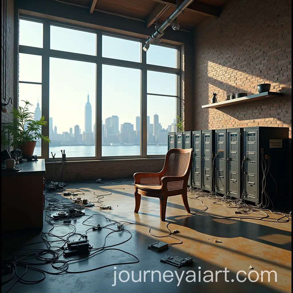 Technological-Loft-Overlooking-Manhattan-River-with-Custom-Servers-and-Innovative-Chair