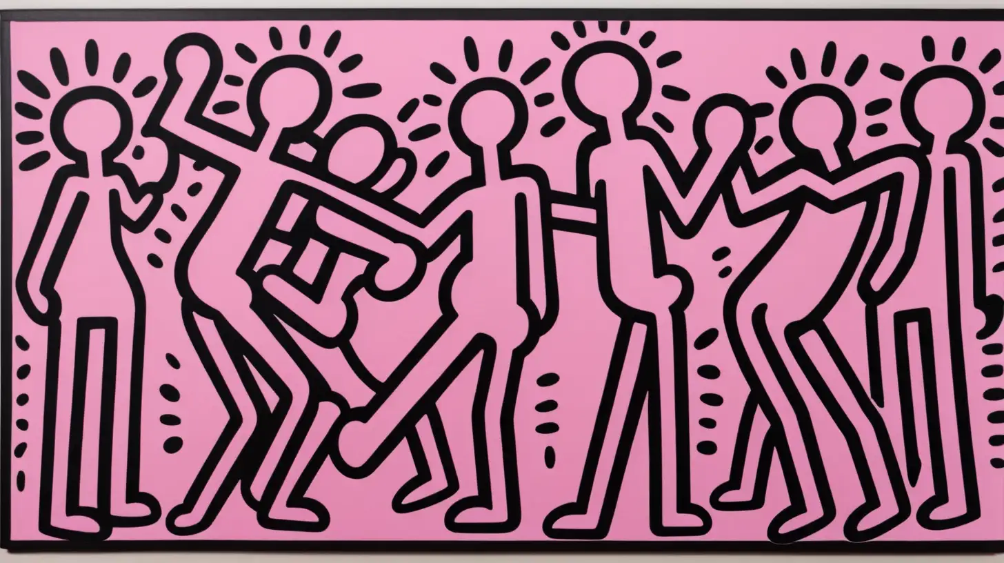 Inspired by Keith Haring Pink and Black Contemporary Artwork of SmallSized Figures in the Contour of a Female Body