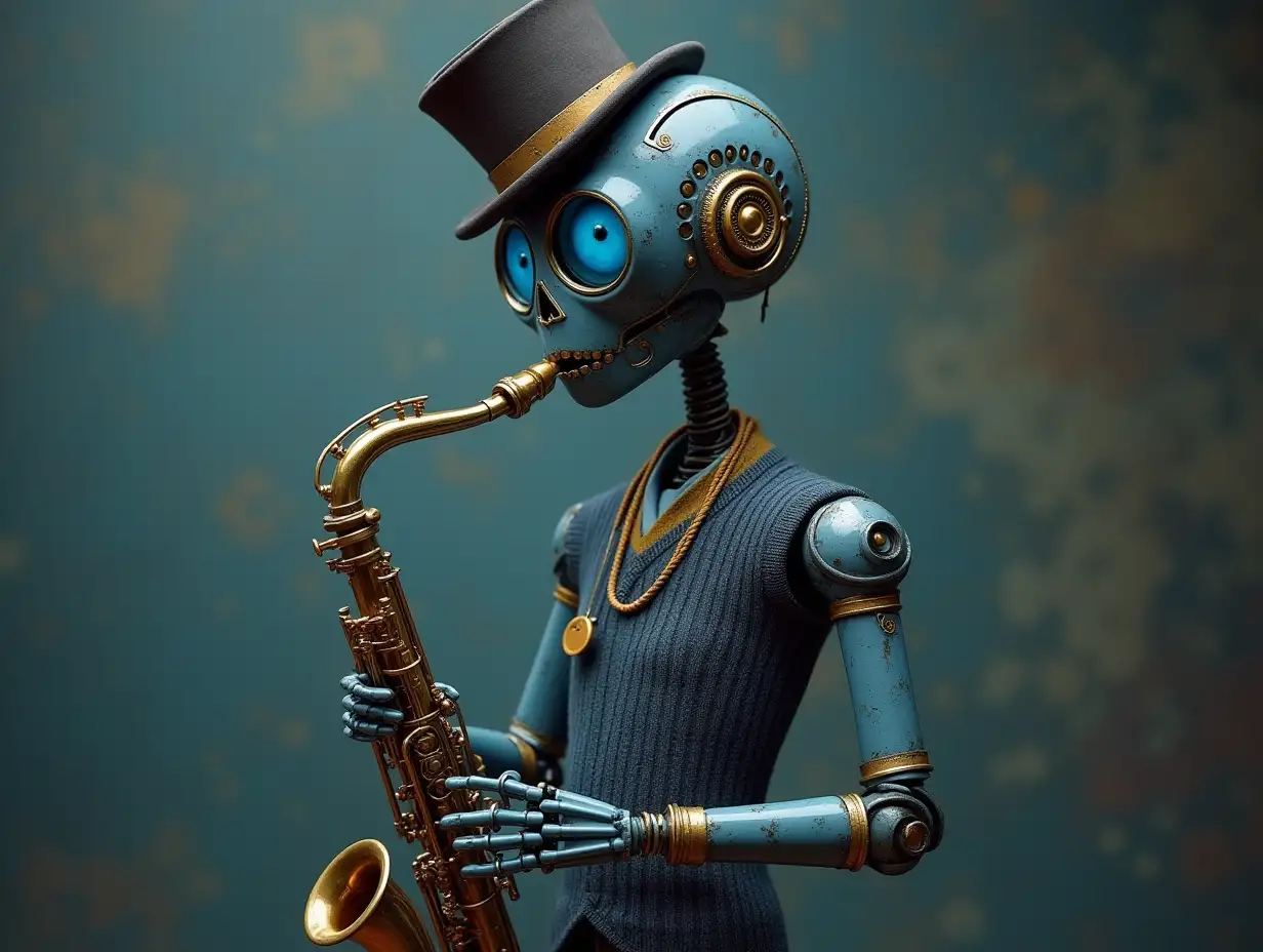 Create a high-resolution, realistic image of a robot with a skeletal body, blue eyes, blue porcelain hands and head, a sweater, a Steampunk top hat and a saxophone standing in 4K resolution (Steampunk 8K quality)