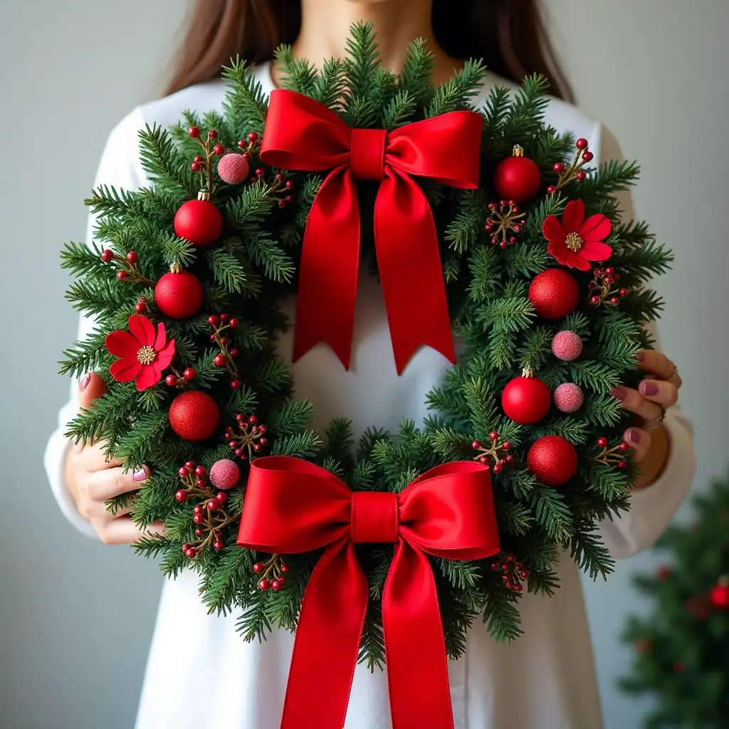 A red Christmas wreath with red ball ornaments and a bow, held by a woman in a white shirt. This is a product photography scene depicting a real-life setting. A large, green pine Christmas wreath is decorated with fur balls, red felt flowers, and small pink berries. A big, bright ribbon is at the bottom of the wreath. This is a wide shot showing the full body of the scene, with a hyper-realistic appearance.