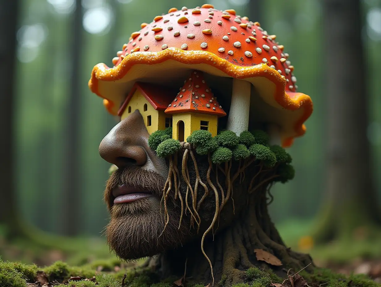Face with colorful mushroom in mouth roots transformed into building in forest