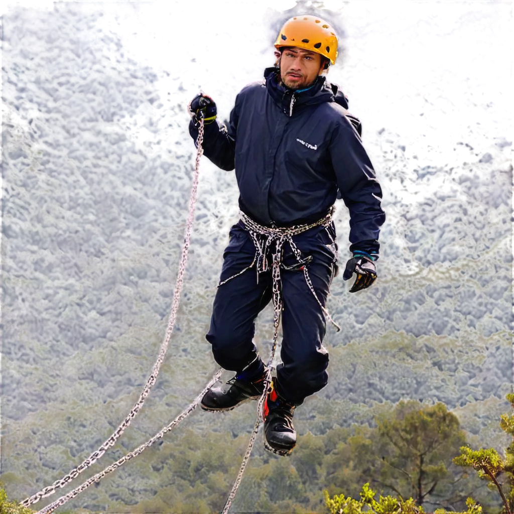 man climbing In Mountains wrapped with chaines