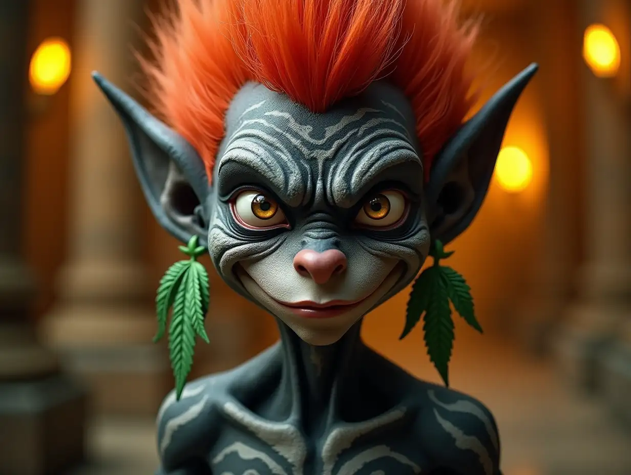 Young black and white patterned troll with young black and white patterned, alien face, long neck, sharp chin, with red hair, with an angry face, green cannabis leaf earrings emphasizing their anger, modern, in a Temple of much Gold, differentiating color shades, 4k, colorful