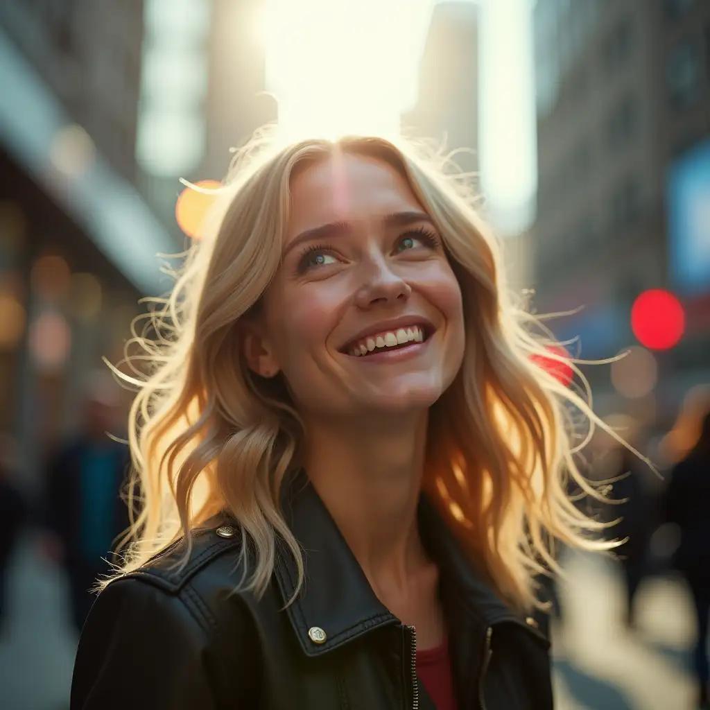 Smiling-Blonde-Woman-with-Bright-Light-and-Blurred-City-Background